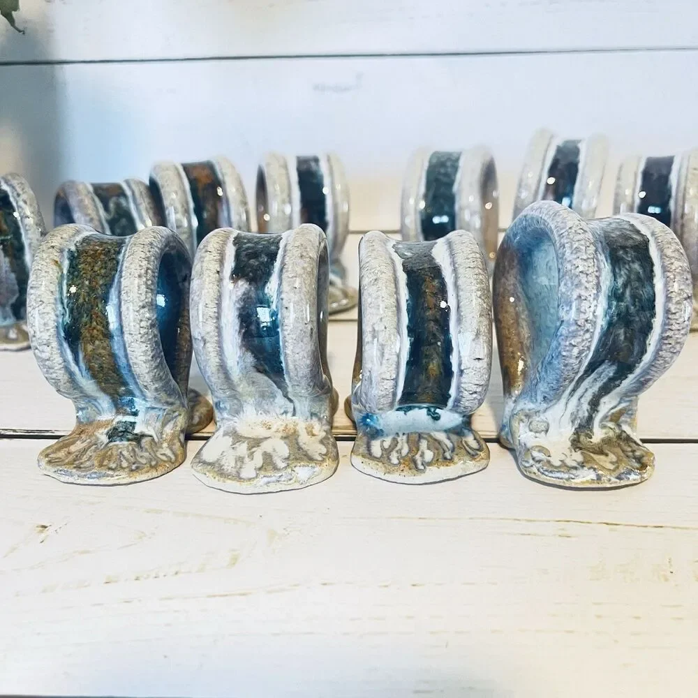 Handmade Ceramic Pottery Blue Napkin Rings Set of 12 Pc Blues Browns 2”h x 1”w